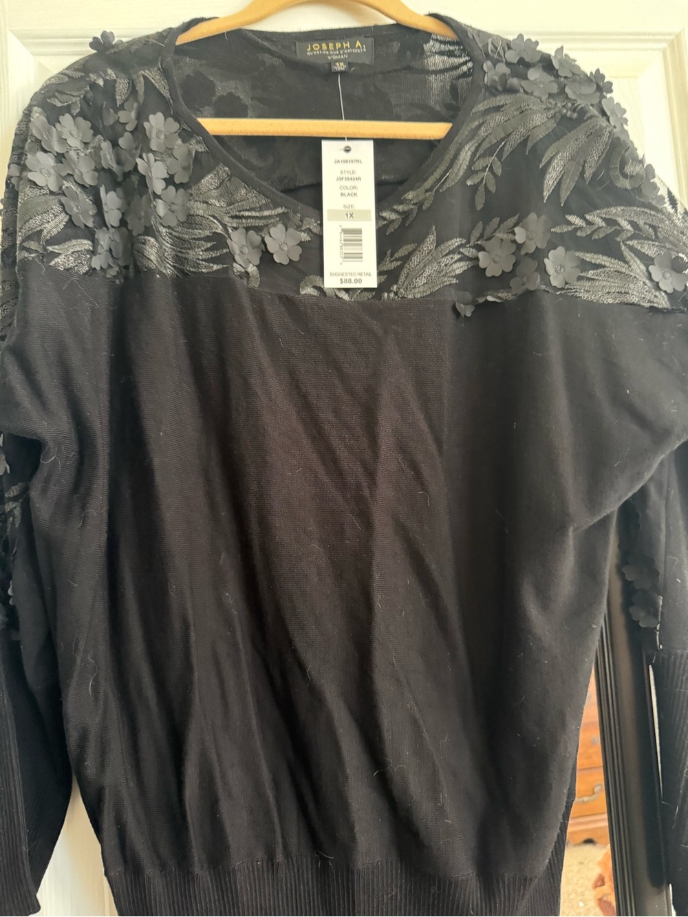 Joseph A. Black Floral Appliqué Top